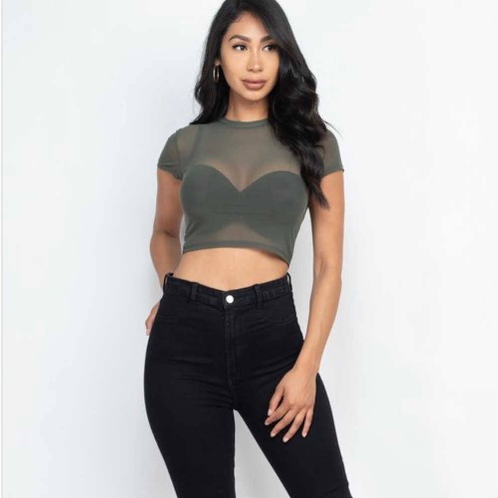 NEW ON TRENDY OLIVE SHORT SLEEVE CROPPED TOP SHEER MESH SHIRT - Picture 4 of 7